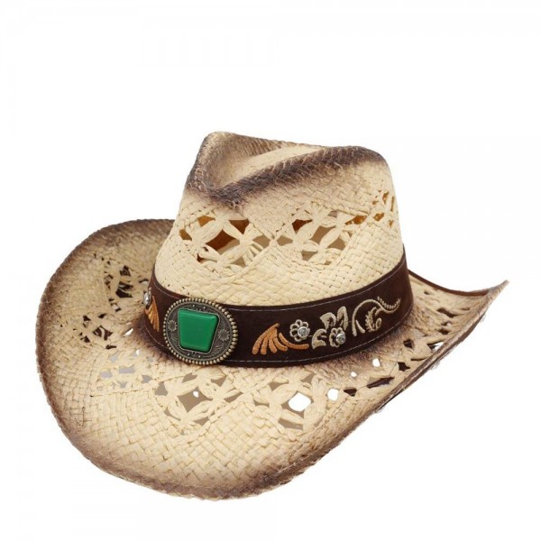 Straw Cowboy Hat With Floral Embroidery & Stone Band 

- One Size Fits Most 
- 100% Paper 