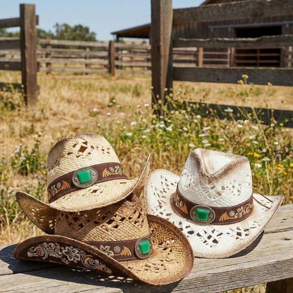 Straw Cowboy Hat With Floral Embroidery & Stone Band - One Size Fits Most - 100% Paper view 5
