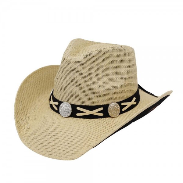 Straw Cowboy Hat With Suede Under-Brim & Embroidered Detail With X-Lace & Concho Brim 

- One Size Fits Most 
- 100% Paper 