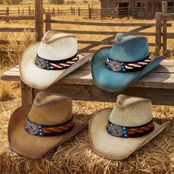 Straw Cowboy Hat With Americana Eagle Concho & Multi Color Vegan Leather Band - One Size Fits Most - 100% Paper view 5