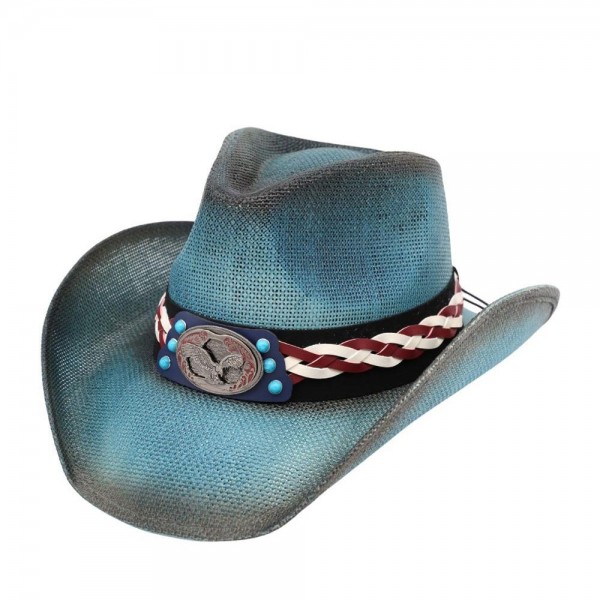 Straw Cowboy Hat With Americana Eagle Concho & Multi Color Vegan Leather Band 

- One Size Fits Most 
- 100% Paper 