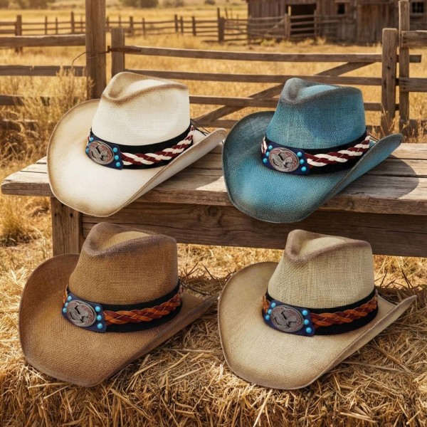 Straw Cowboy Hat With Americana Eagle Concho & Multi Color Vegan Leather Band - One Size Fits Most - 100% Paper view 5