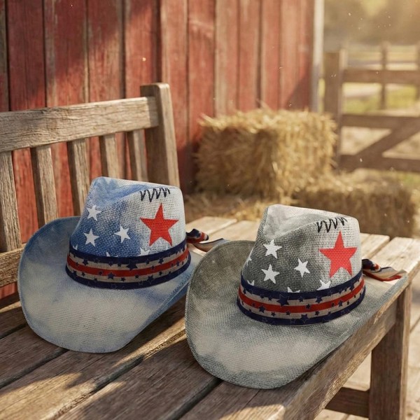 Americana Stars & Stripes Cowboy Straw Hat With Bow - One Size Fits Most - 100% Paper view 5