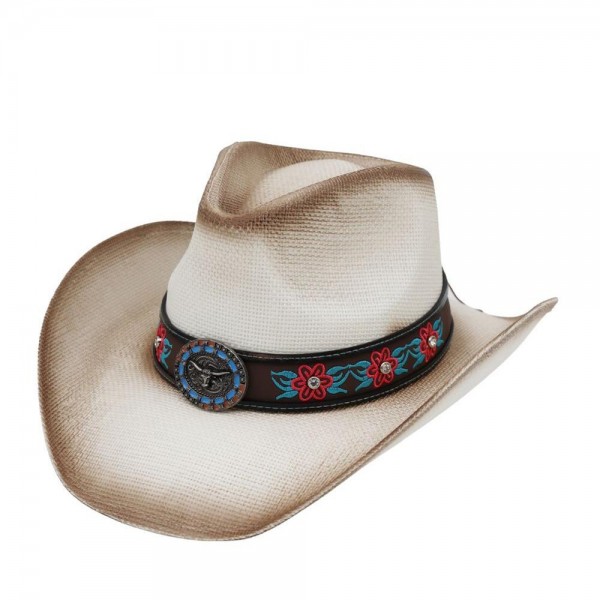 Straw Cowboy Hat With Rhinestone Flower Embroidered Band & Steer Concho

- One Size Fits Most 
- 100% Paper  