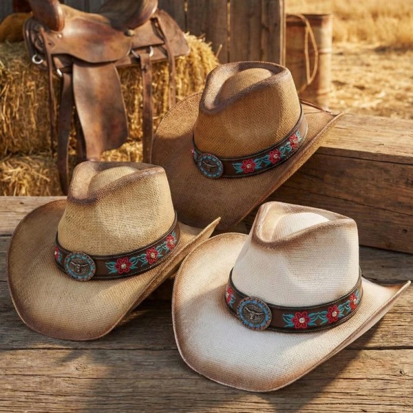 Straw Cowboy Hat With Rhinestone Flower Embroidered Band & Steer Concho - One Size Fits Most - 100% Paper view 5