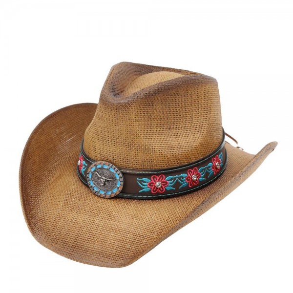 Straw Cowboy Hat With Rhinestone Flower Embroidered Band & Steer Concho

- One Size Fits Most 
- 100% Paper  