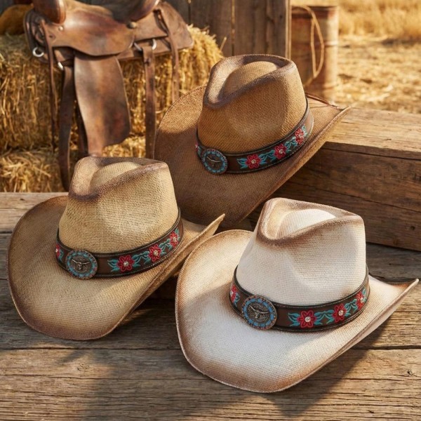 Straw Cowboy Hat With Rhinestone Flower Embroidered Band & Steer Concho - One Size Fits Most - 100% Paper view 5