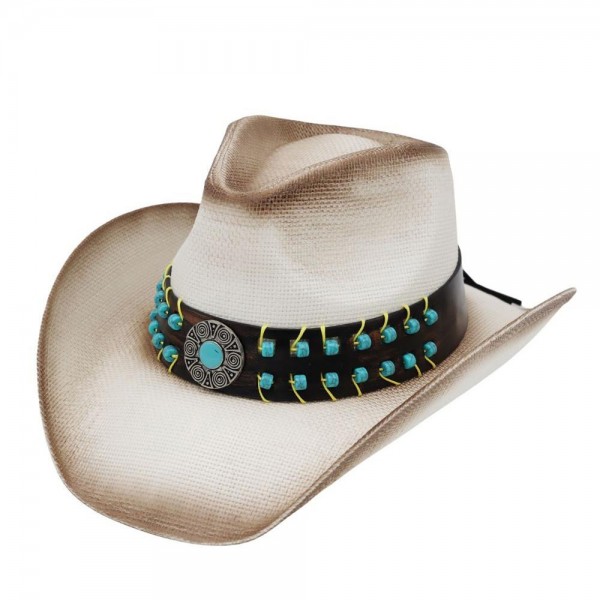 Two Tone Straw Cowboy Hat With Turquoise Studs & Concho 

- One Size Fits Most 
- 100% Paper 