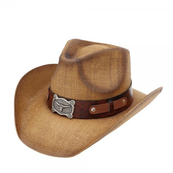 Two Tone Straw Cowboy Hat With Steer Concho - One Size Fits Most - 100% Paper view 5
