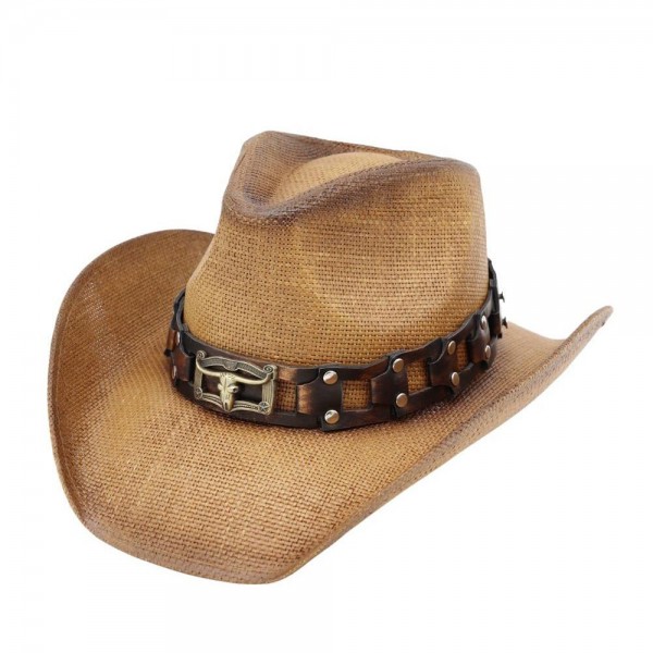 Two Tone Straw Cowboy Hat With Chain Link Studded Band & Steer Detail 

- One Size Fits Most 
- 100% Paper 