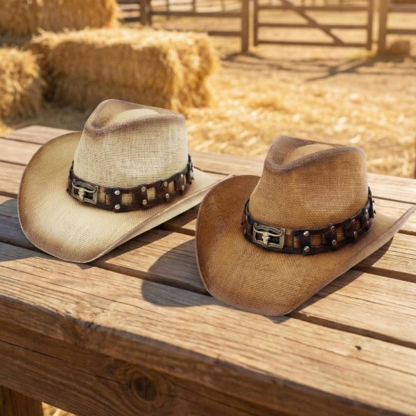 Two Tone Straw Cowboy Hat With Chain Link Studded Band & Steer Detail - One Size Fits Most - 100% Paper view 5