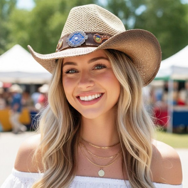 Two Tone Straw Cowboy Hat With Floral Band & Concho 

- One Size Fits Most 
- 100% Paper  