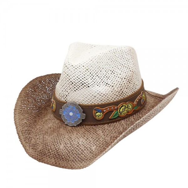 Two Tone Straw Cowboy Hat With Floral Band & Concho 

- One Size Fits Most 
- 100% Paper  