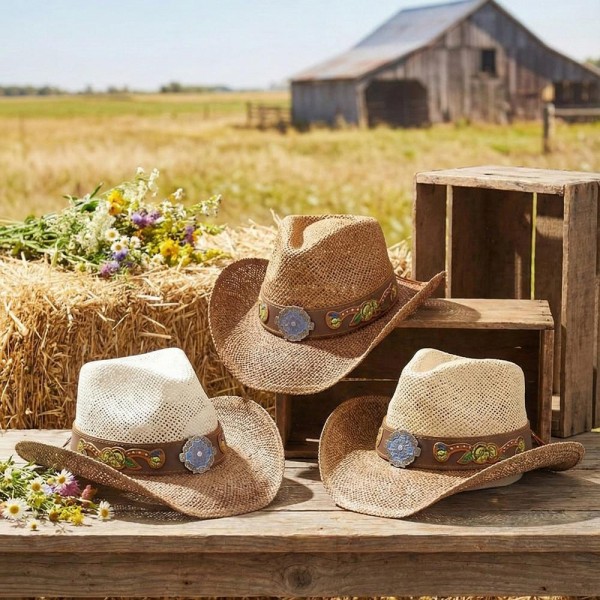 Two Tone Straw Cowboy Hat With Floral Band & Concho - One Size Fits Most - 100% Paper view 5