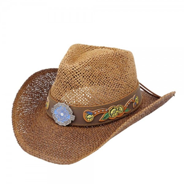 Two Tone Straw Cowboy Hat With Floral Band & Concho 

- One Size Fits Most 
- 100% Paper  