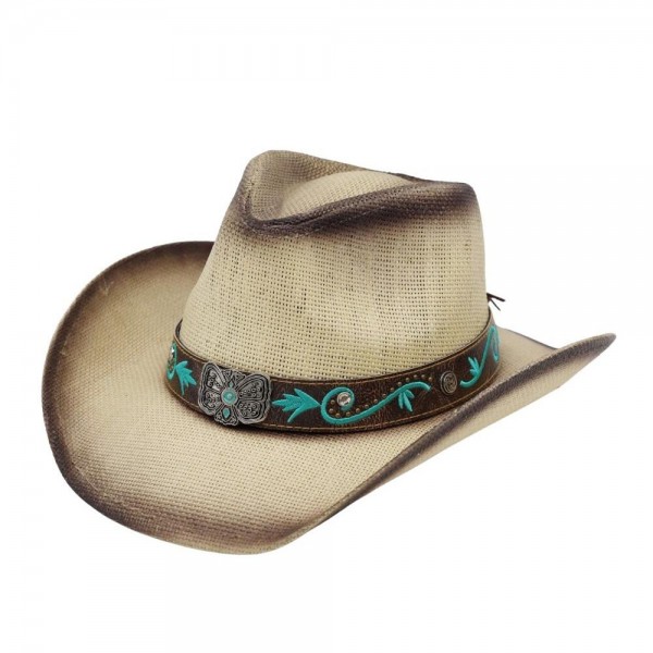 Distressed Straw Cowboy Hat With Turquoise Bloom & Butterfly Concho Band 

- One Size Fits 
- 100% Paper 