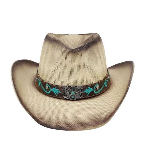 Distressed Straw Cowboy Hat With Turquoise Bloom & Butterfly Concho Band - One Size Fits - 100% Paper view 5