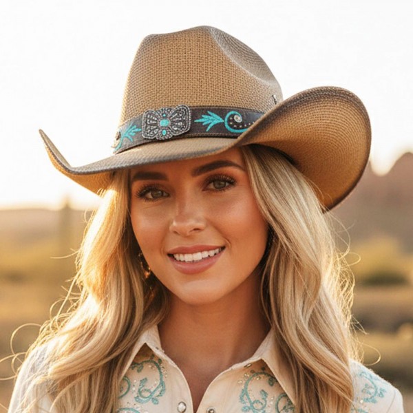 Distressed Straw Cowboy Hat With Turquoise Bloom & Butterfly Concho Band 

- One Size Fits 
- 100% Paper 