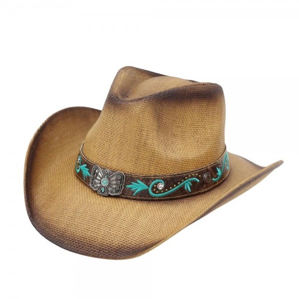 Distressed Straw Cowboy Hat With Turquoise Bloom & Butterfly Concho Band 

- One Size Fits 
- 100% Paper 