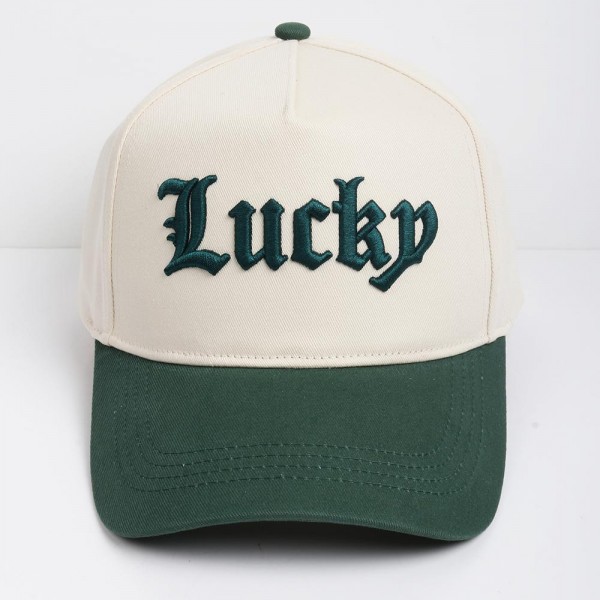 "Lucky" Embroidered Two Tone Baseball Cap

- One Size Fits Most
- Snap Back Closure
- 100% Cotton