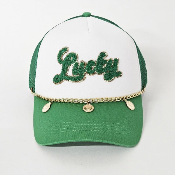 "Lucky" Glitter Chenille Patch Trucker Cap With Mesh Back & Hat Chain 

- One Size Fits Most
- Snap Back Closure
- 100% Polyester 