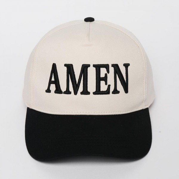 "AMEN" Embroidered Two Tone Baseball Cap

- One Size Fits Most
- Snap Back Closure
- 100% Cotton