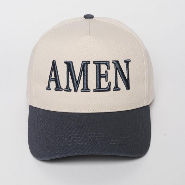 "AMEN" Embroidered Two Tone Baseball Cap

- One Size Fits Most
- Snap Back Closure
- 100% Cotton