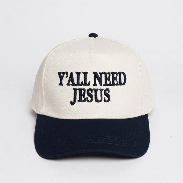 "Y'all Need Jesus" Embroidered Two Tone Baseball Cap

- One Size Fits Most
- Snap Back Closure
- 100% Cotton