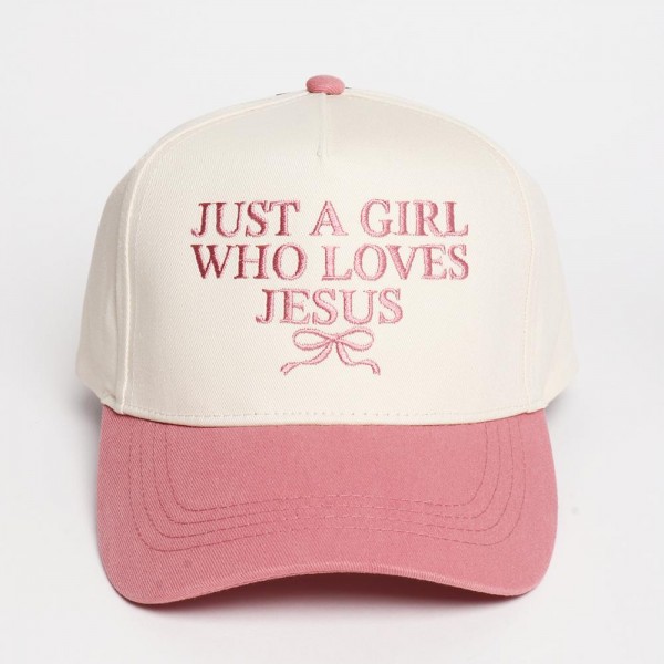 "Just A Girl Who Loves Jesus" & Bow Embroidered Two Tone Baseball Cap

- One Size Fits Most
- Snap Back Closure
- 100% Cotton