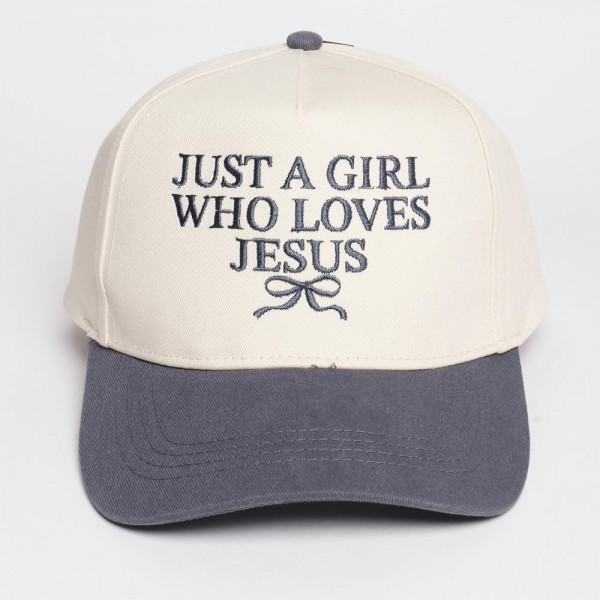 "Just A Girl Who Loves Jesus" & Bow Embroidered Two Tone Baseball Cap

- One Size Fits Most
- Snap Back Closure
- 100% Cotton
