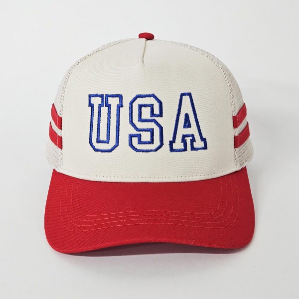 "USA" & Trucker Cap With Mesh Back & Stripes Detail

- One Size Fits Most
- Snap Back Closure
- 100% Cotton