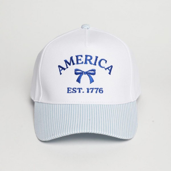 "AMERICA" & Bow Embroidered Two Tone Stripe Baseball Cap

- One Size Fits Most
- Snap Back Closure
- 100% Cotton