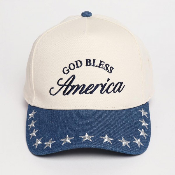 "God Bless America" Embroidered Two Tone Baseball Cap With Star Details 

- One Size Fits Most
- Snap Back Closure
- 100% Cotton