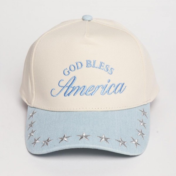 "God Bless America" Embroidered Two Tone Baseball Cap With Star Details 

- One Size Fits Most
- Snap Back Closure
- 100% Cotton