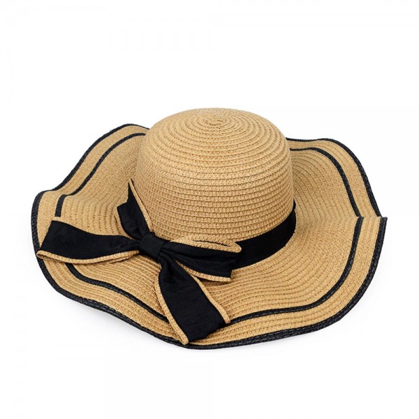 Two Tone Straw Sun Hat With Bow 

- One Size Fits Most 