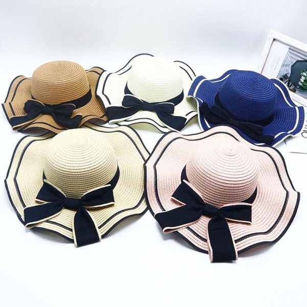 Two Tone Straw Sun Hat With Bow 

- One Size Fits Most 