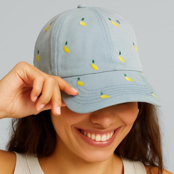 Do Everything In Love Denim Baseball Cap With Embroidered Lemons 

- One Size Fits Most 
- 100% Cotton 
