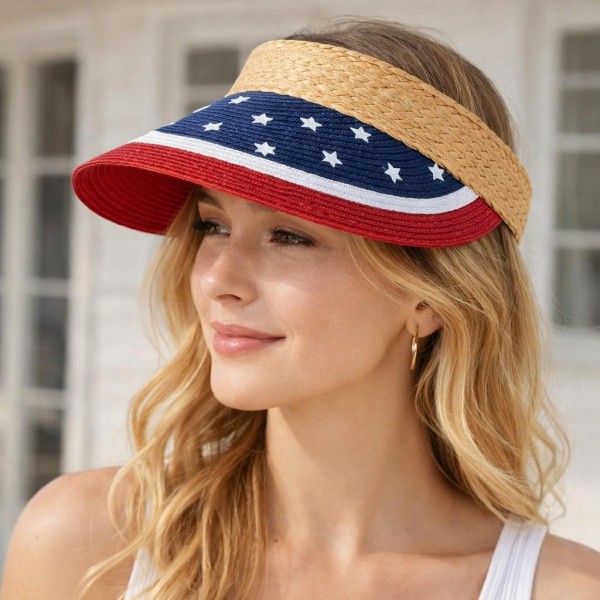 American Flag Themed Straw Sun Visor Hat 

- One Size Fits Most 
- 100% Paper 