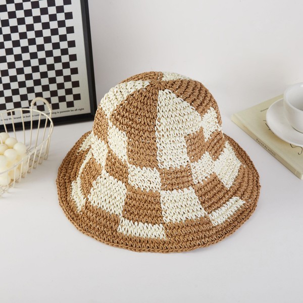 Woven Paper Straw Bucket Hat Featuring Two Tone Plaid 

- One Size Fits Most ( Adjustable Drawstring) 
-Brim Approximately 3" L 
- 100% Paper 

