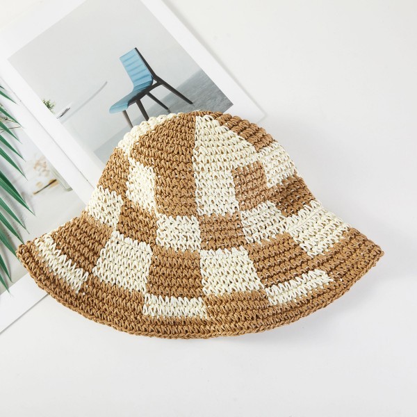 Woven Paper Straw Bucket Hat Featuring Two Tone Plaid 

- One Size Fits Most ( Adjustable Drawstring) 
-Brim Approximately 3" L 
- 100% Paper 
