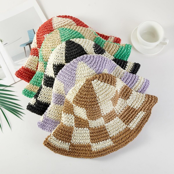 Woven Paper Straw Bucket Hat Featuring Two Tone Plaid - One Size Fits Most ( Adjustable Drawstring) -Brim Approximately 3" L - 100% Paper view 5