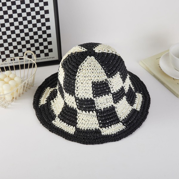 Woven Paper Straw Bucket Hat Featuring Two Tone Plaid 

- One Size Fits Most ( Adjustable Drawstring) 
-Brim Approximately 3" L 
- 100% Paper 
