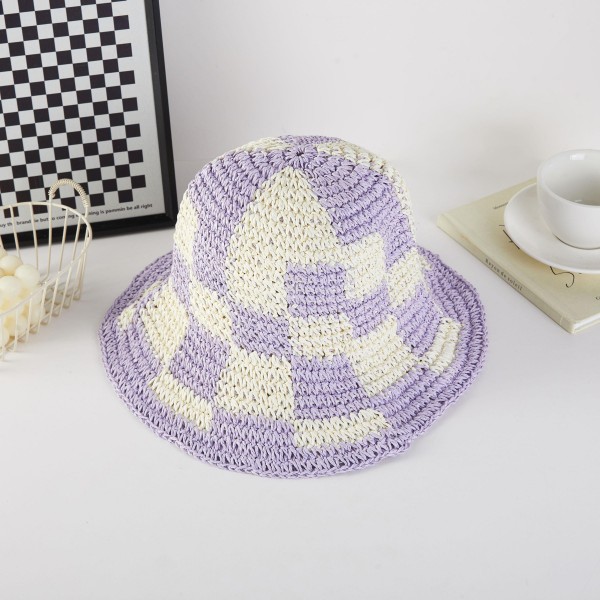 Woven Paper Straw Bucket Hat Featuring Two Tone Plaid 

- One Size Fits Most ( Adjustable Drawstring) 
-Brim Approximately 3" L 
- 100% Paper 
