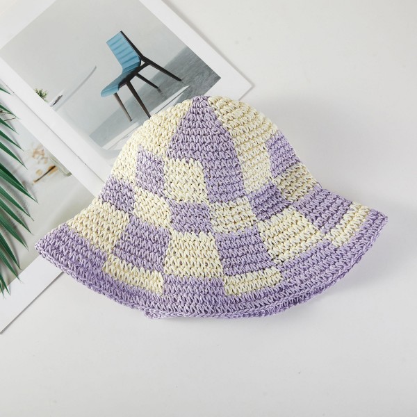 Woven Paper Straw Bucket Hat Featuring Two Tone Plaid 

- One Size Fits Most ( Adjustable Drawstring) 
-Brim Approximately 3" L 
- 100% Paper 
