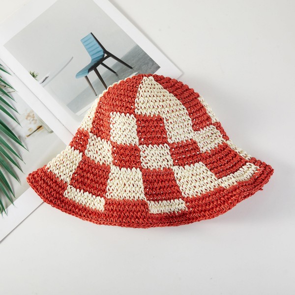 Woven Paper Straw Bucket Hat Featuring Two Tone Plaid 

- One Size Fits Most ( Adjustable Drawstring) 
-Brim Approximately 3" L 
- 100% Paper 
