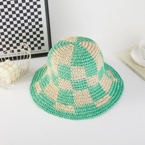 Woven Paper Straw Bucket Hat Featuring Two Tone Plaid 

- One Size Fits Most ( Adjustable Drawstring) 
-Brim Approximately 3" L 
- 100% Paper 
