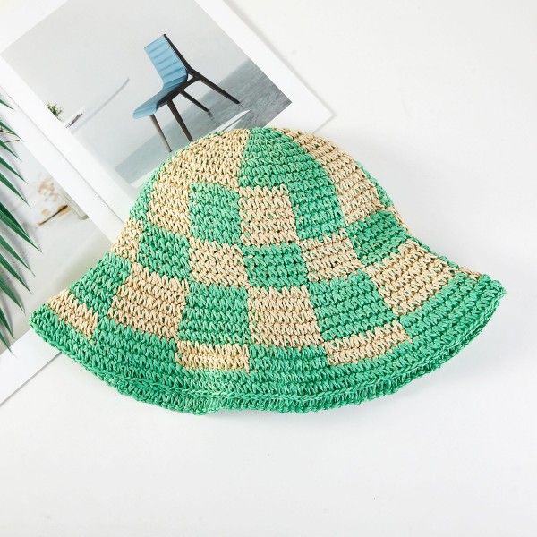 Woven Paper Straw Bucket Hat Featuring Two Tone Plaid 

- One Size Fits Most ( Adjustable Drawstring) 
-Brim Approximately 3" L 
- 100% Paper 
