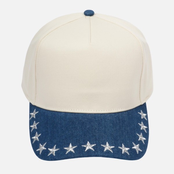 Two Tone Blank Baseball Cap With Embroidered Stars Bill

- Snap Back Closure
- One Size Fits Most
- 100% Cotton