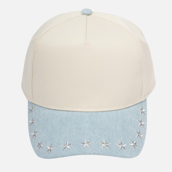 Two Tone Blank Baseball Cap With Embroidered Stars Bill

- Snap Back Closure
- One Size Fits Most
- 100% Cotton