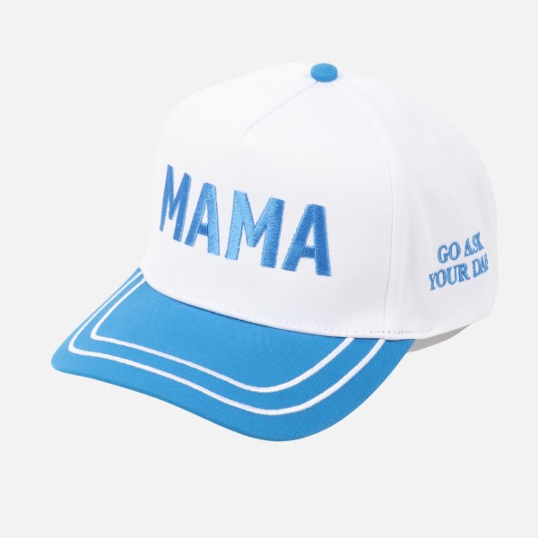 Two Tone "MAMA" Embroidered Baseball Cap With Lined Bill 

- "Go Ask Your Dad" Side Embroidery 
- Snap Back Closure
- One Size Fits Most
- 100% Cotton